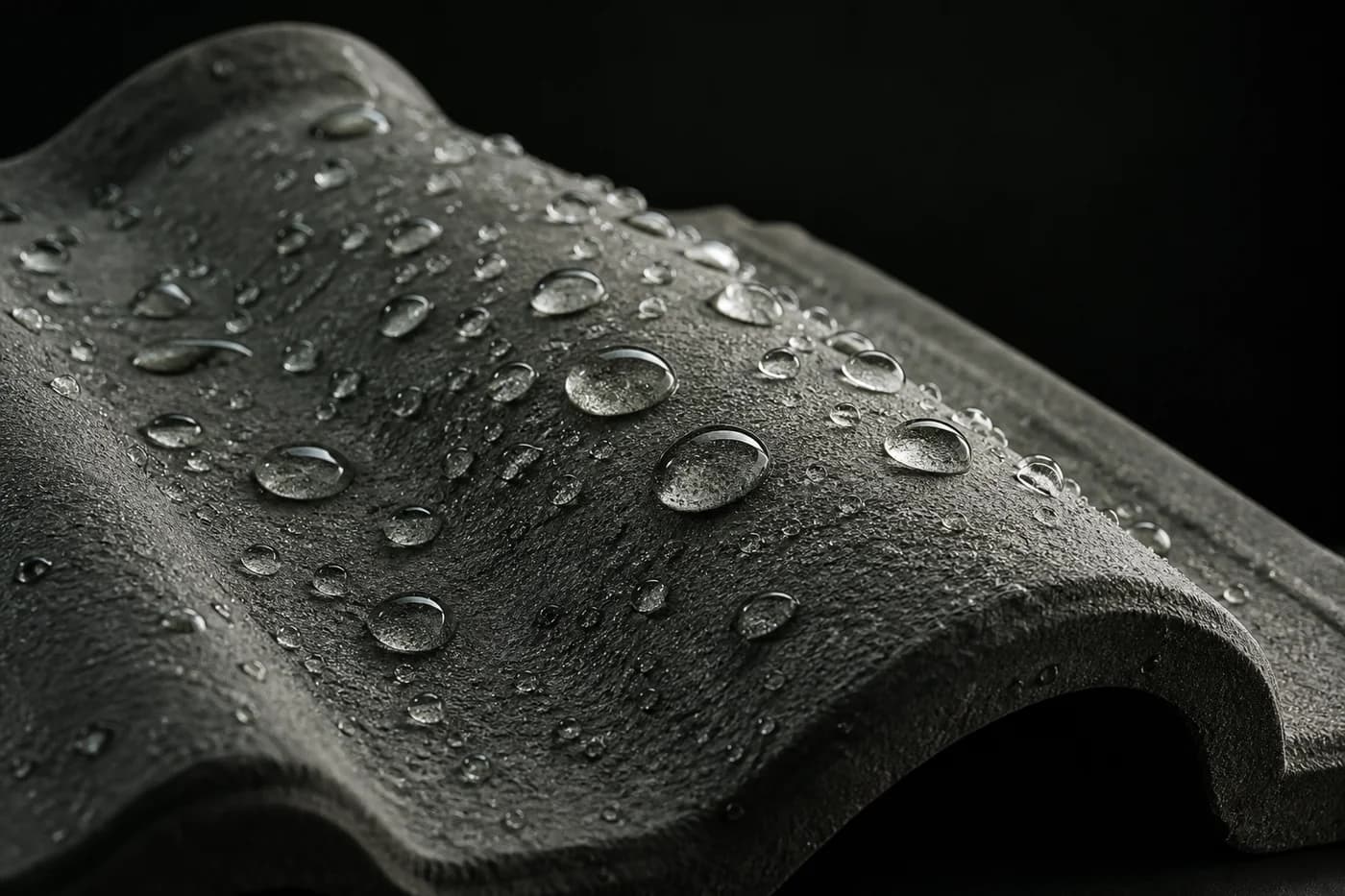 Gouttes d’eau arrondies sur la surface texturée d’une tuile sombre.