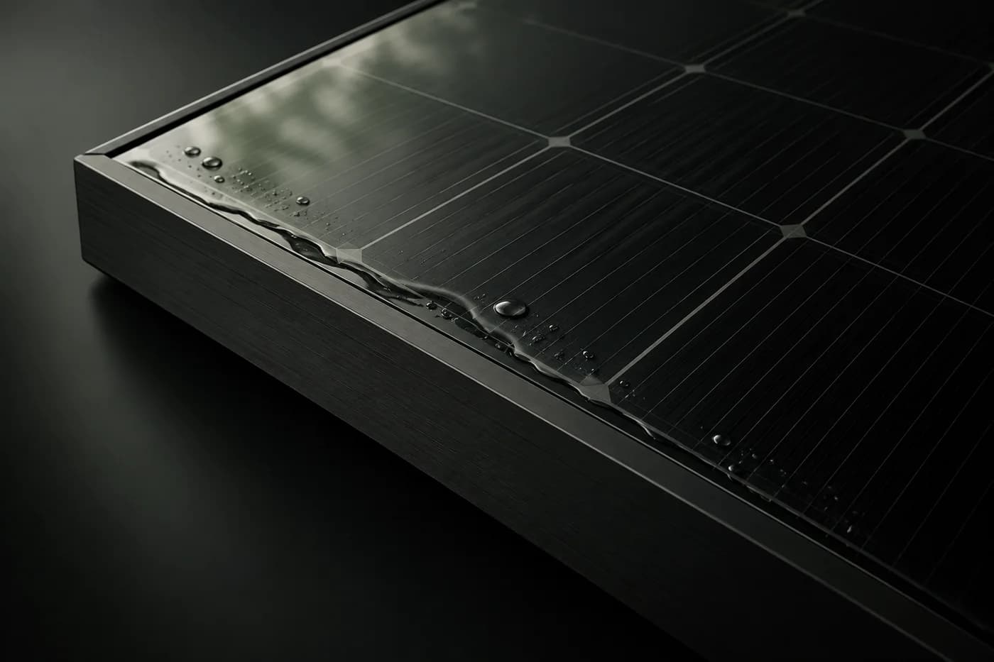 Détail de cellules photovoltaïques, cadre graphite et fine ligne d’eau.